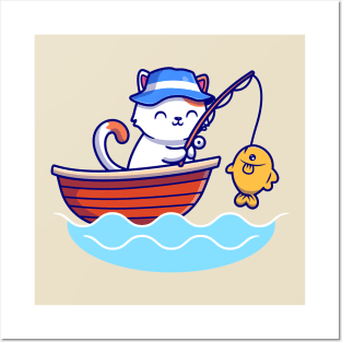 Cute Cat Fishing In The Sea On Boat Posters and Art